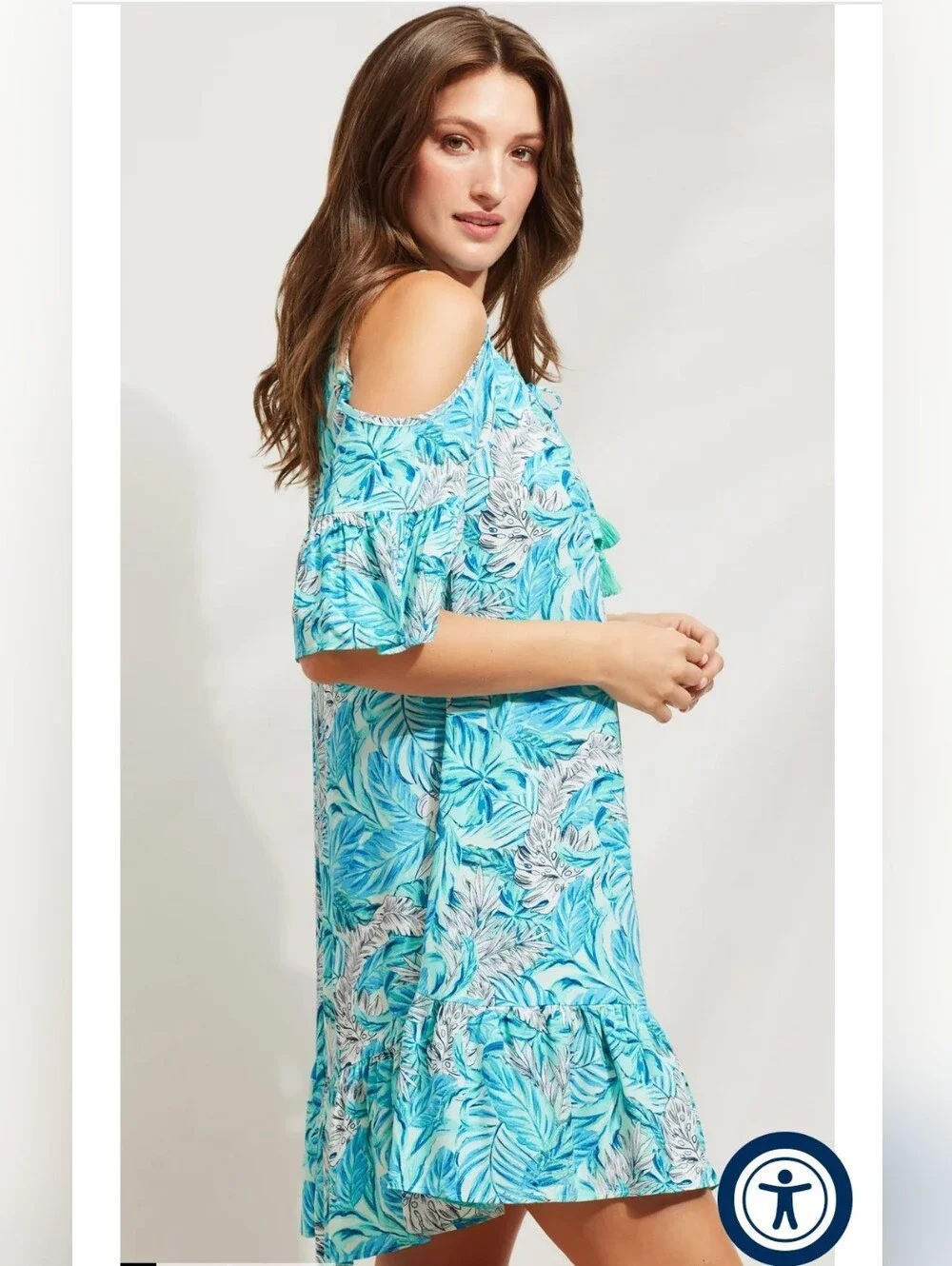 🔥Caribbean Joe Tropical Blue Leaf Cold-Shoulder Sundress Size Medium 100% Rayon - Picture 4 of 8